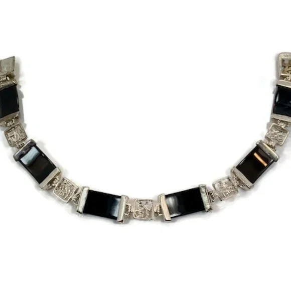Black Onyx Bracelet, Sterling Bracelet, Asian Characters, Oriental Style,Vintage